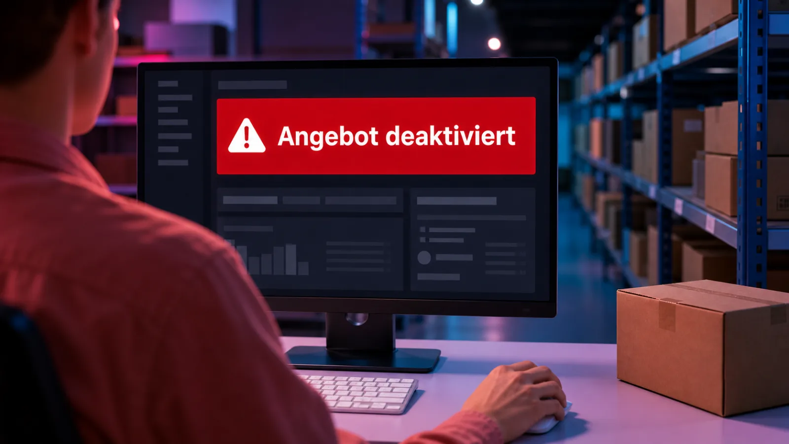 Onlinehändler blickt in einem Lager mit Versandkartons auf einen Monitor mit roter Warnmeldung Angebot deaktiviert