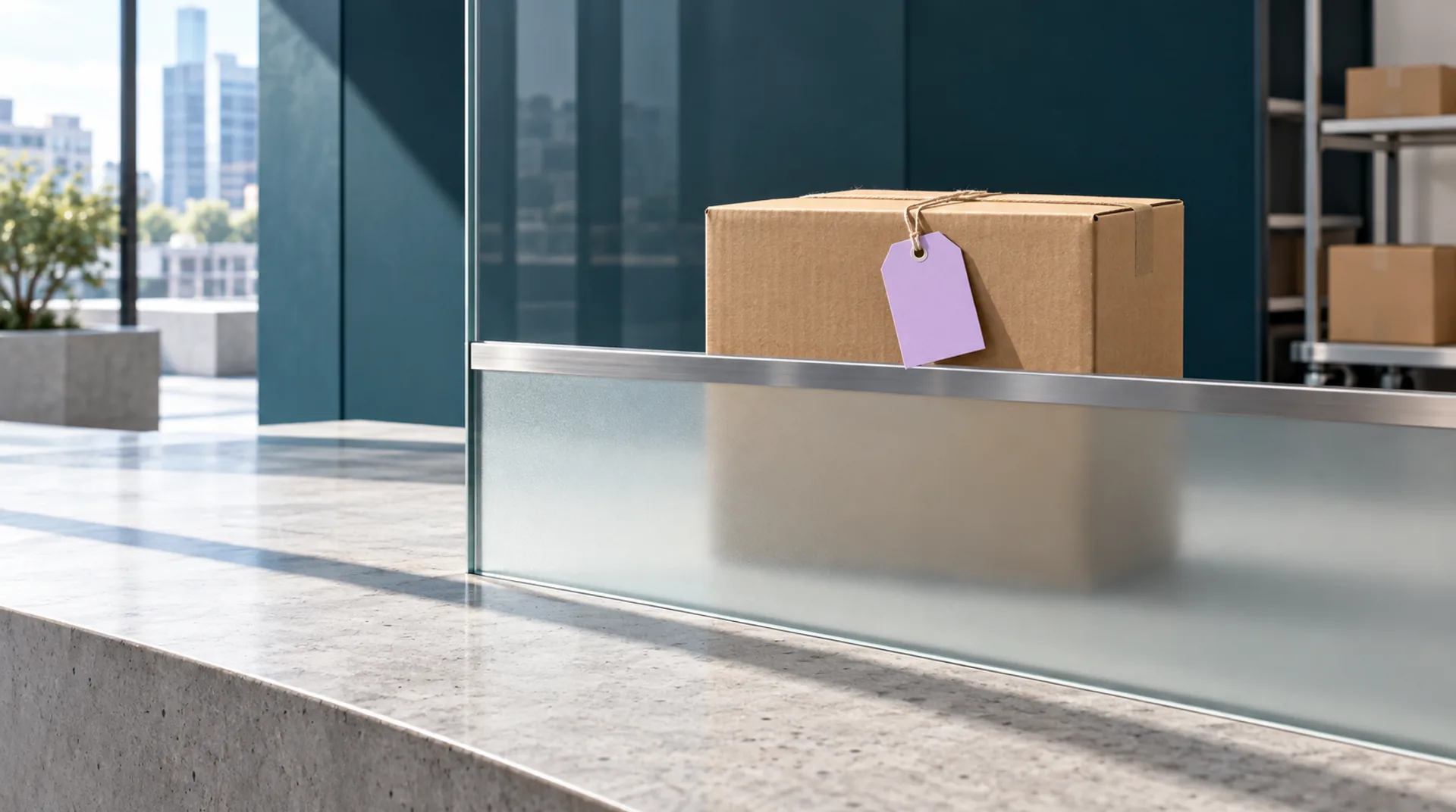 Paket mit leerem violettem Preisschild hinter einer teilweise satinierten Glasbarriere.
