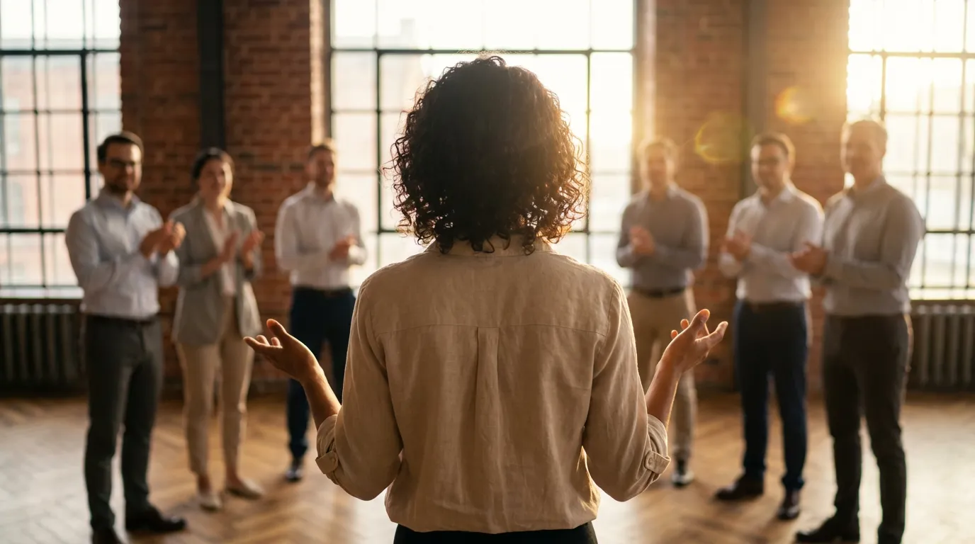 Coaching-Referentin spricht vor einer Gruppe von Teilnehmern in einem hellen Loft-Seminarraum
