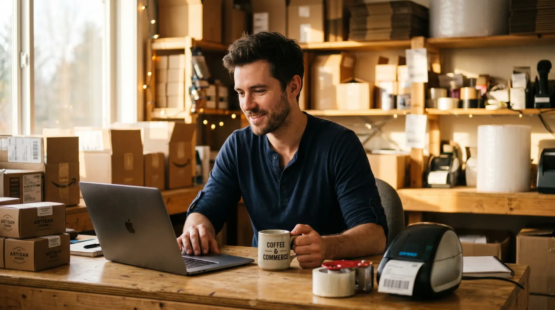 Junger Online-Händler an seinem Schreibtisch prüft die rechtlichen Anforderungen an seinen Webshop