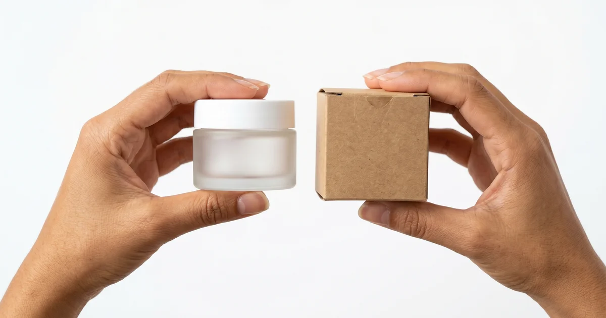 Zwei Hände halten ein Kosmetikglas und eine Kartonverpackung vor weißem Hintergrund
