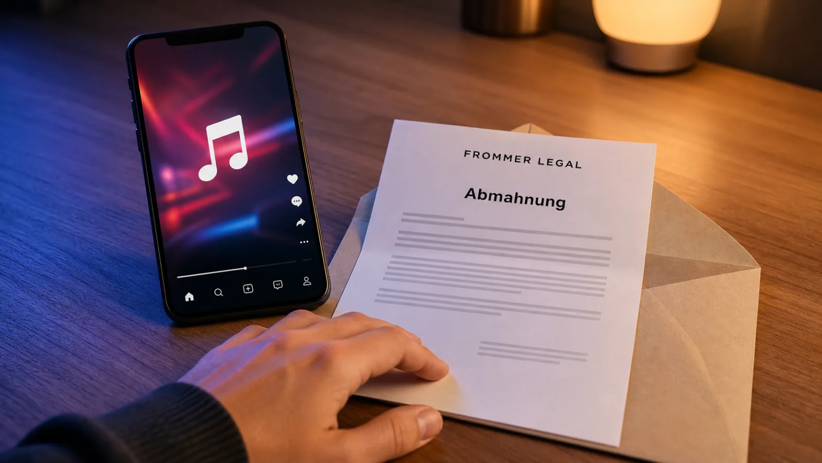 Smartphone mit Musik-Video-App neben einem geöffneten Abmahnschreiben auf einem Schreibtisch