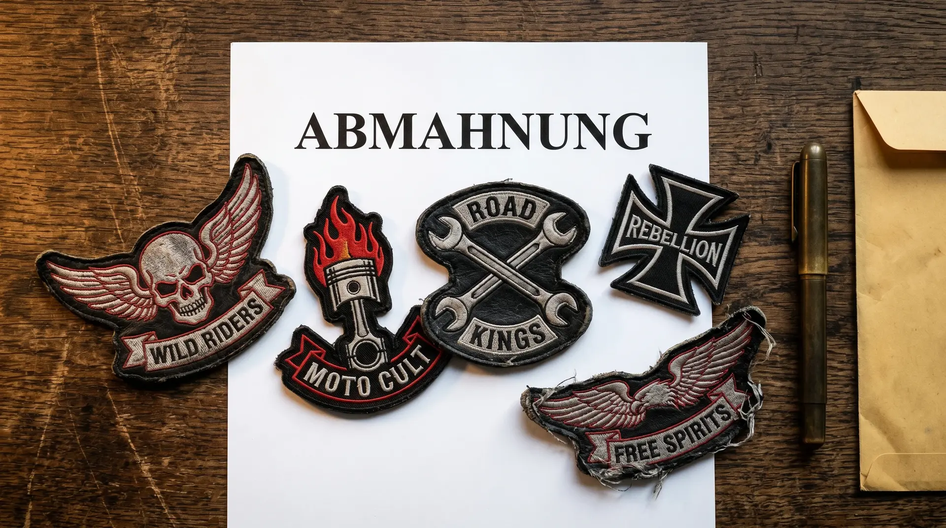 Motorrad-Patches und Biker-Abzeichen auf einem juristischen Abmahnschreiben