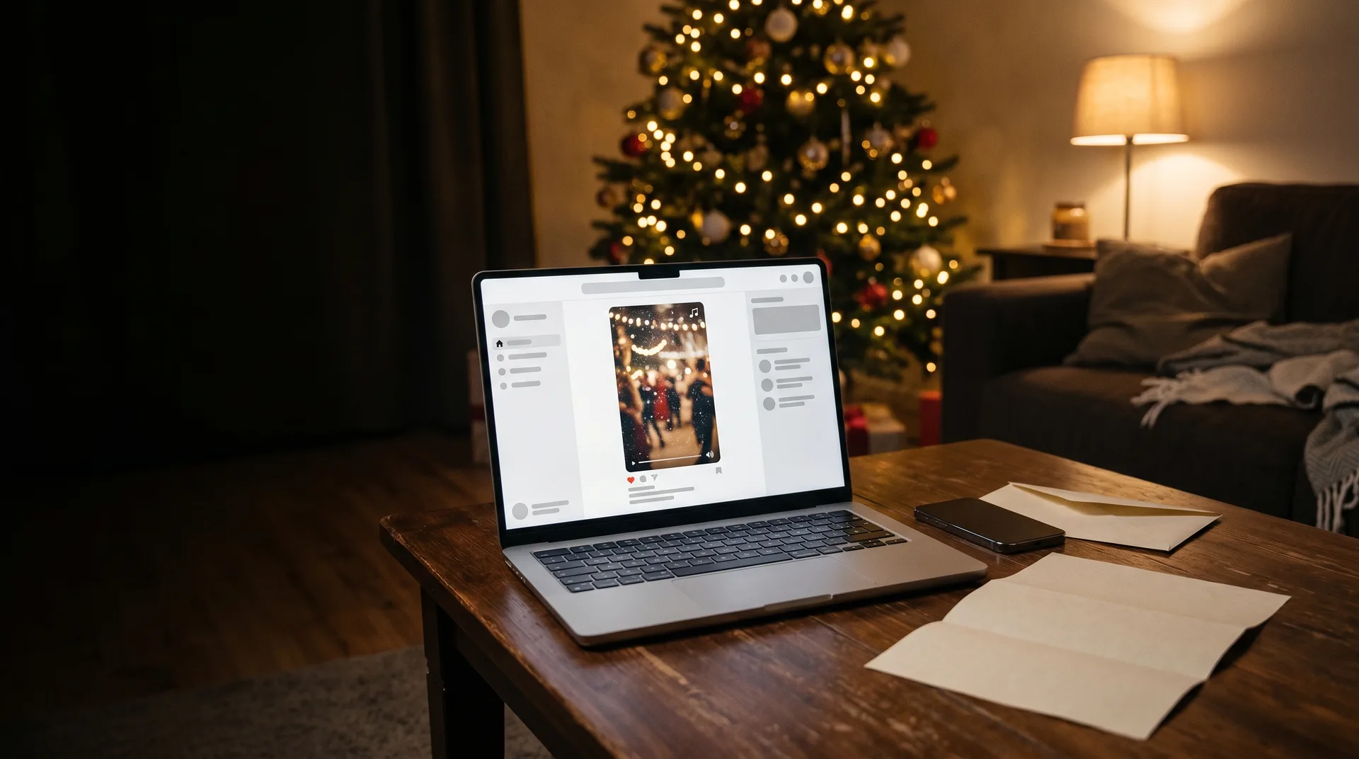 Laptop mit vertikalem Musikvideo neben Smartphone, Umschlag und Brief im weihnachtlichen Wohnzimmer