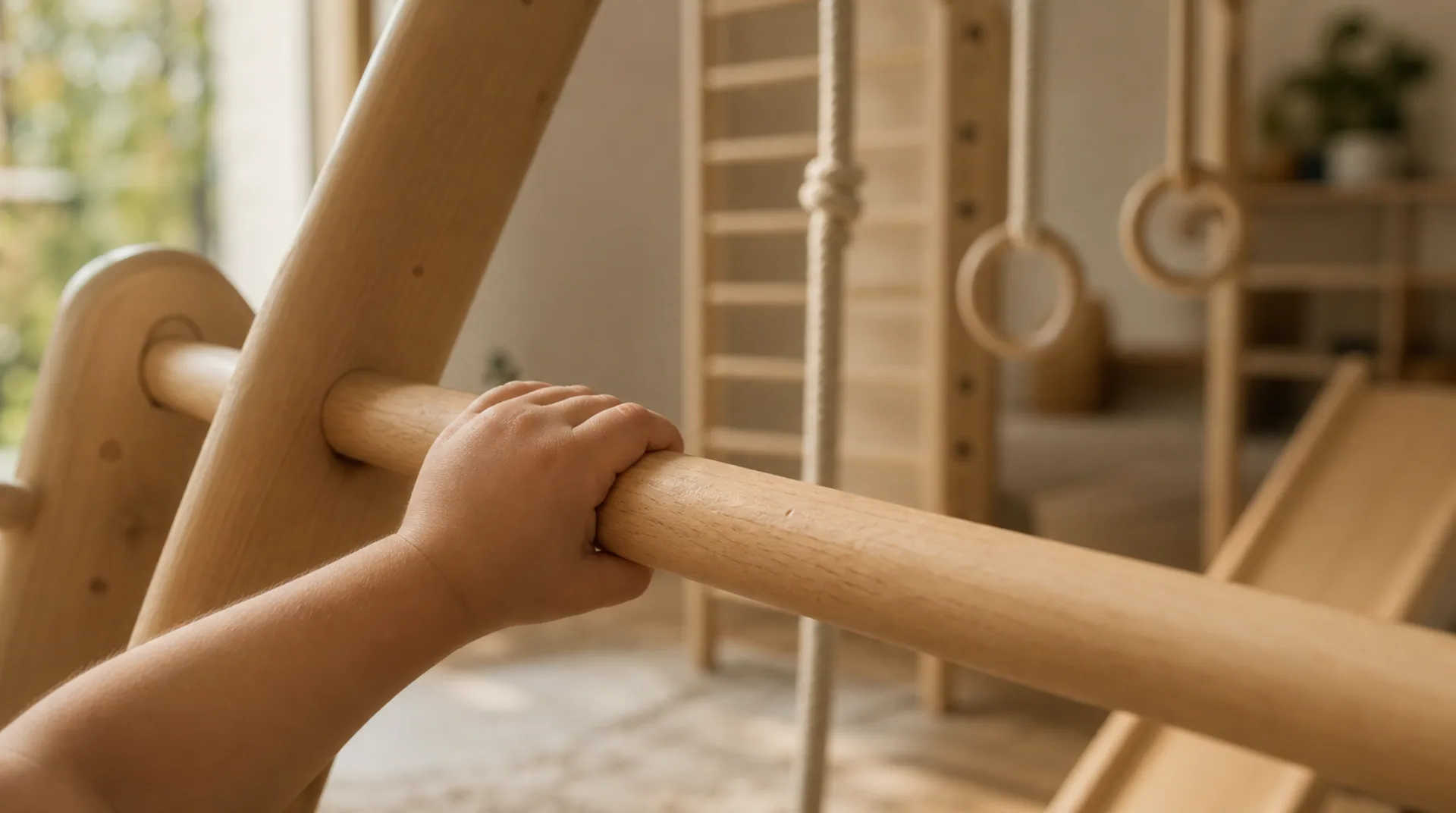 Kinderhand greift die Holzstange eines Klettergerüsts, im Hintergrund Sprossenwand mit Turnringen und Rutsche