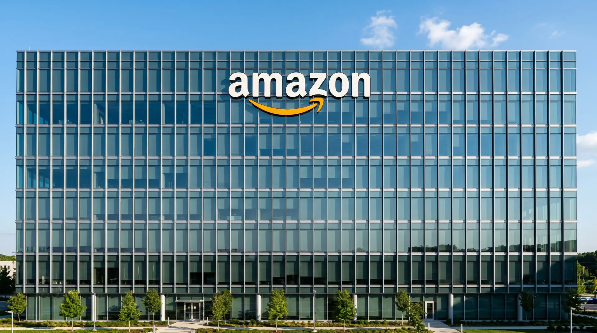 Moderne Glasfassade eines Amazon-Bürogebäudes mit Logo vor blauem Himmel