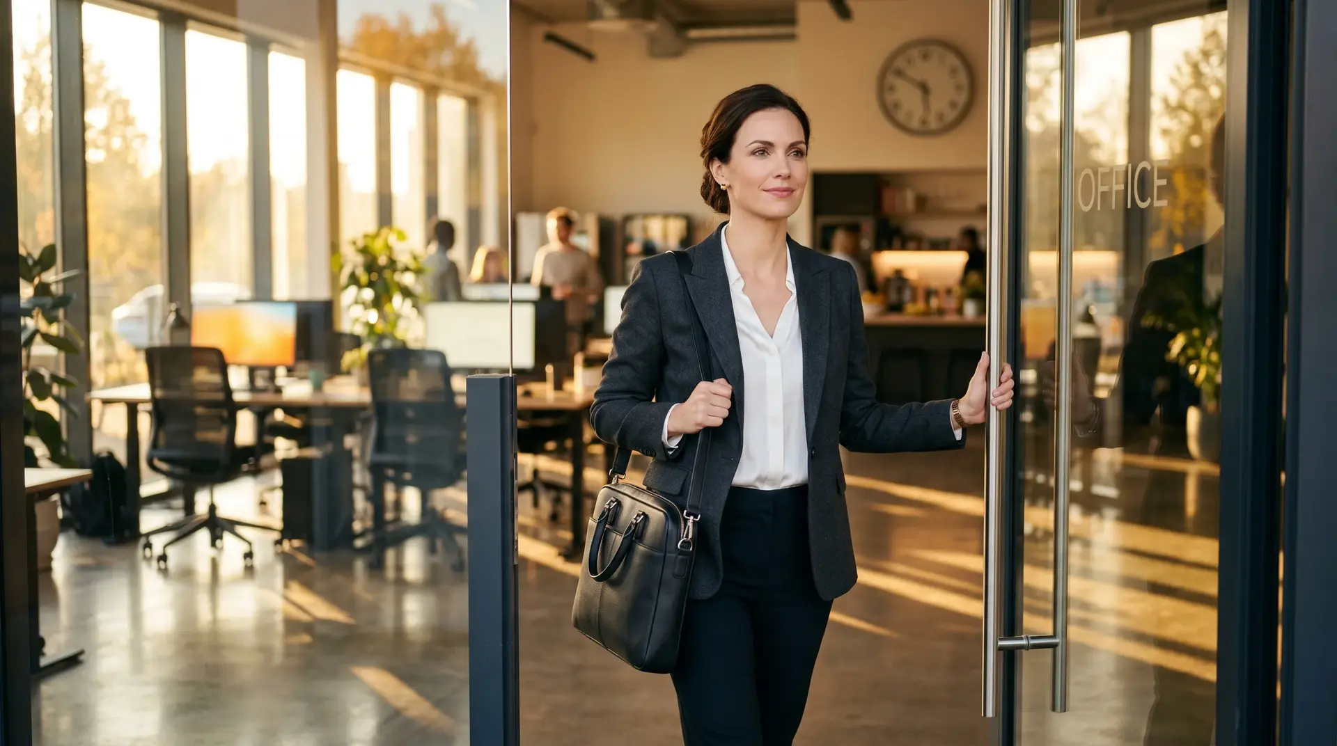 Professionelle Frau verlässt selbstbewusst ein modernes Büro zum Feierabend