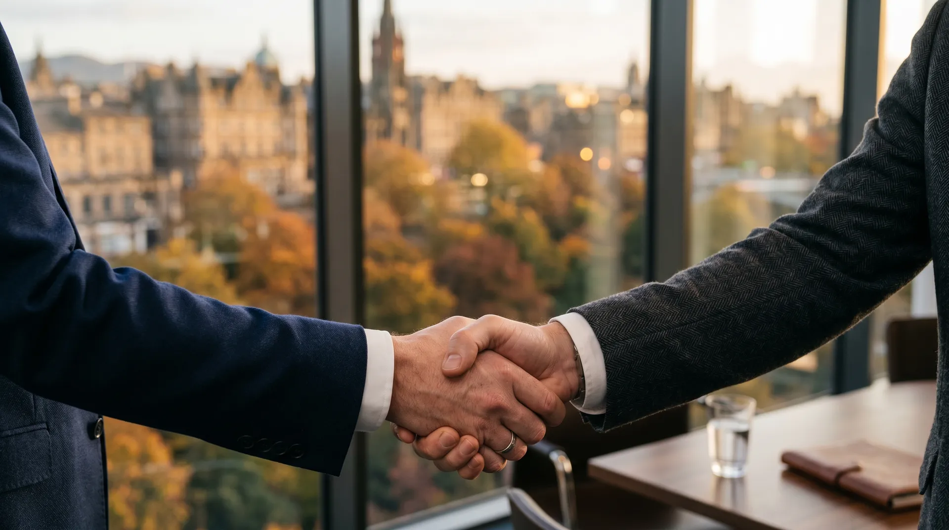 Professioneller Handschlag vor herbstlicher Stadtkulisse in einem Büro mit Panoramafenster