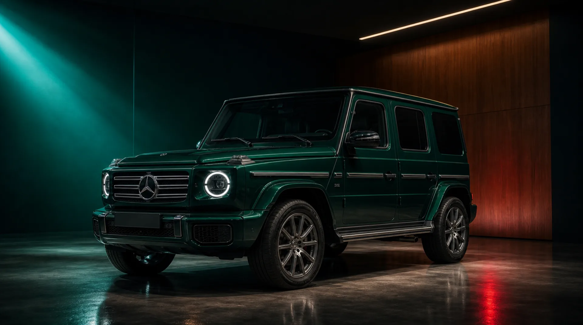 Dunkelgrüne Mercedes-Benz G-Klasse in einem beleuchteten Showroom