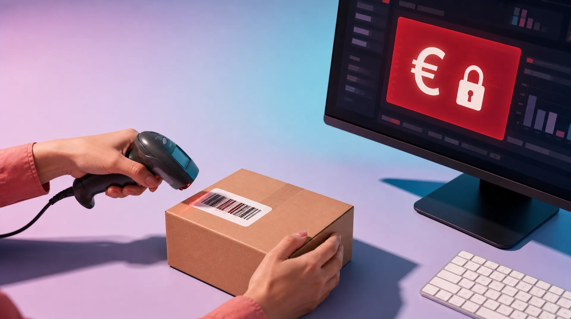 Hände scannen einen Versandkarton mit Barcode-Scanner vor einem Monitor mit rotem Euro- und Schloss-Symbol