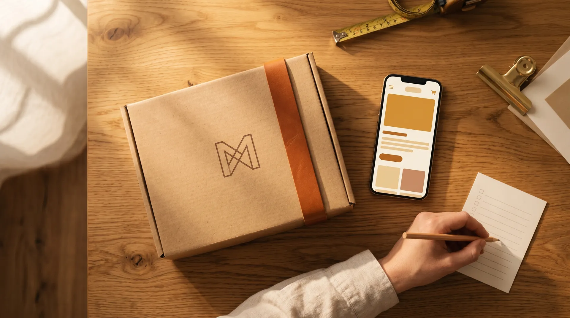 Draufsicht auf eine Kraftpapier-Produktbox neben einem Smartphone mit Shop-Oberfläche und einer Hand mit Bleistift auf einer Checkliste