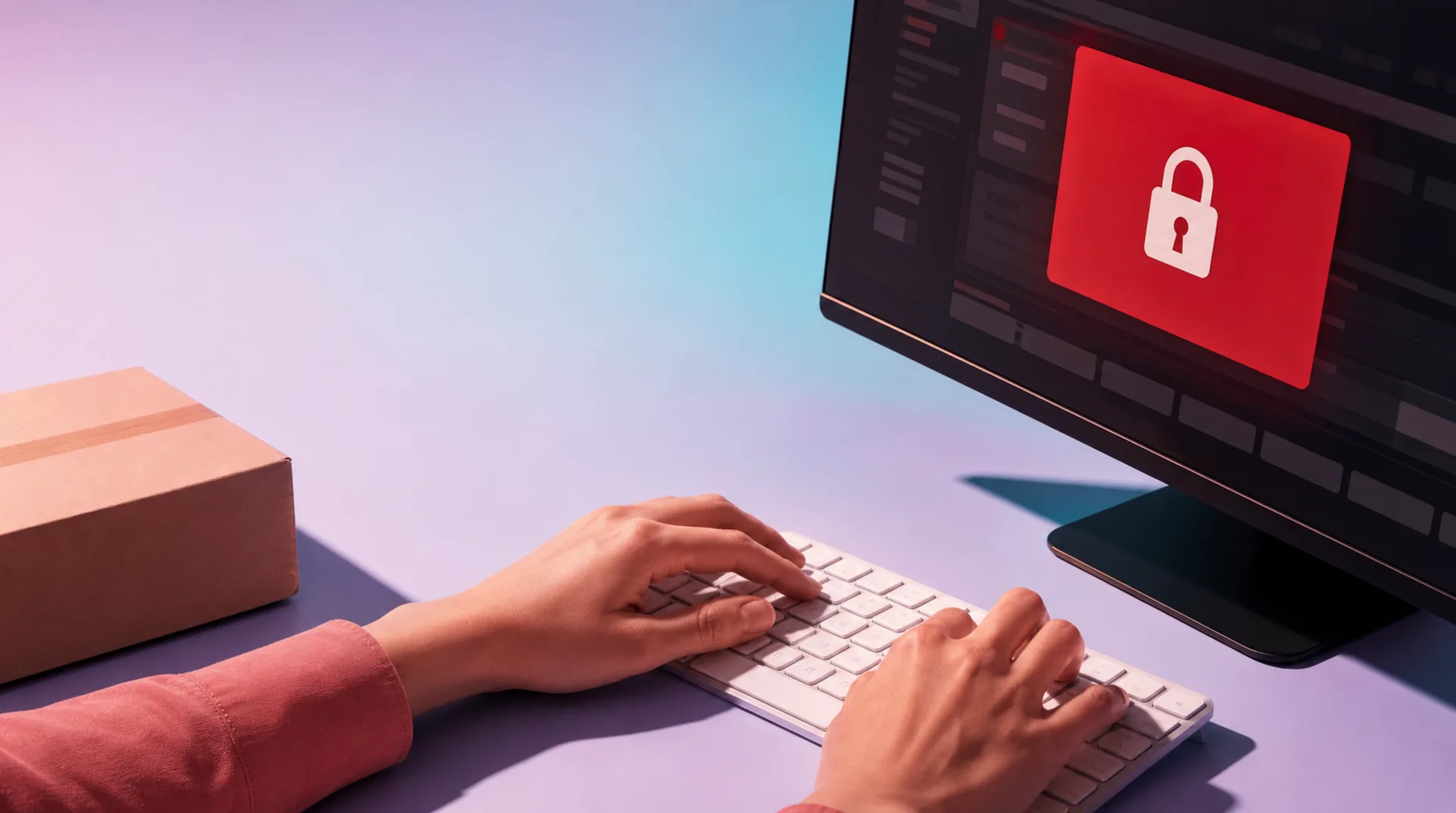 Hände tippen auf einer Tastatur vor einem Monitor mit rotem Schloss-Symbol, daneben ein verschlossener Versandkarton