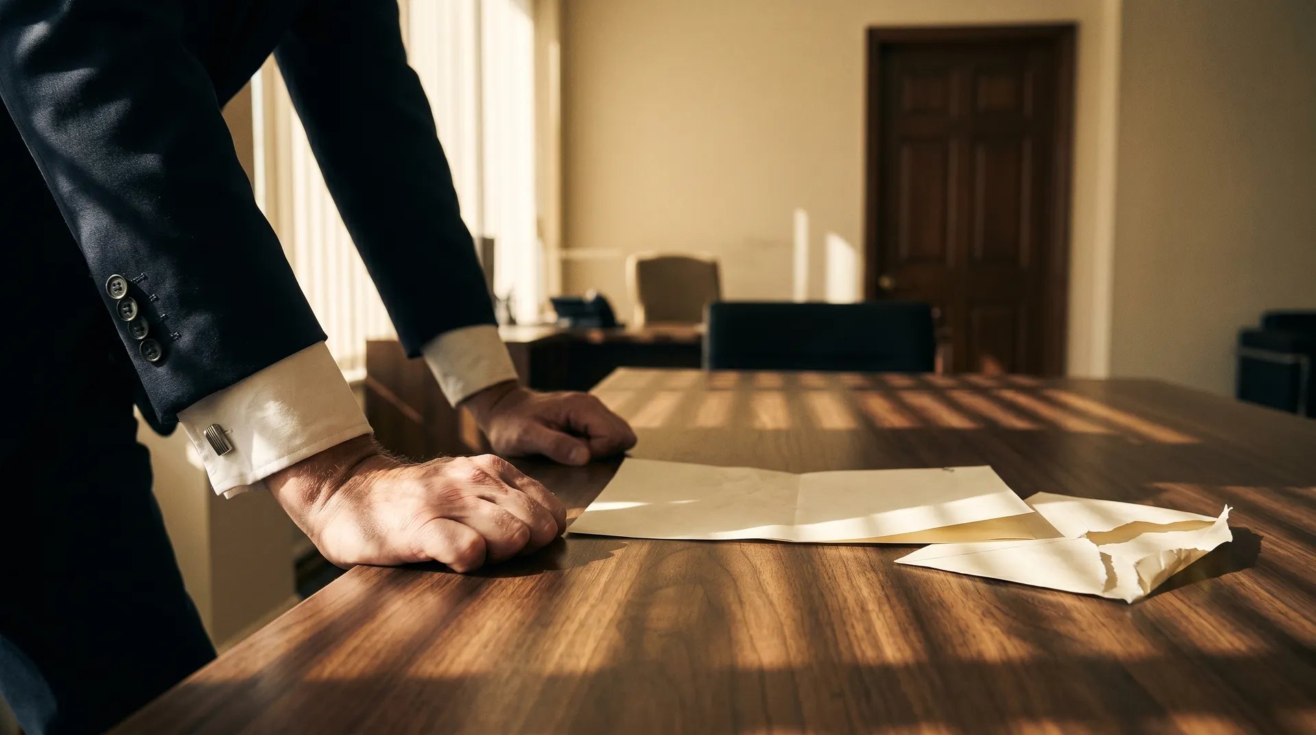 Angespannte Hände auf Schreibtisch neben aufgerissenem Briefumschlag im Büro
