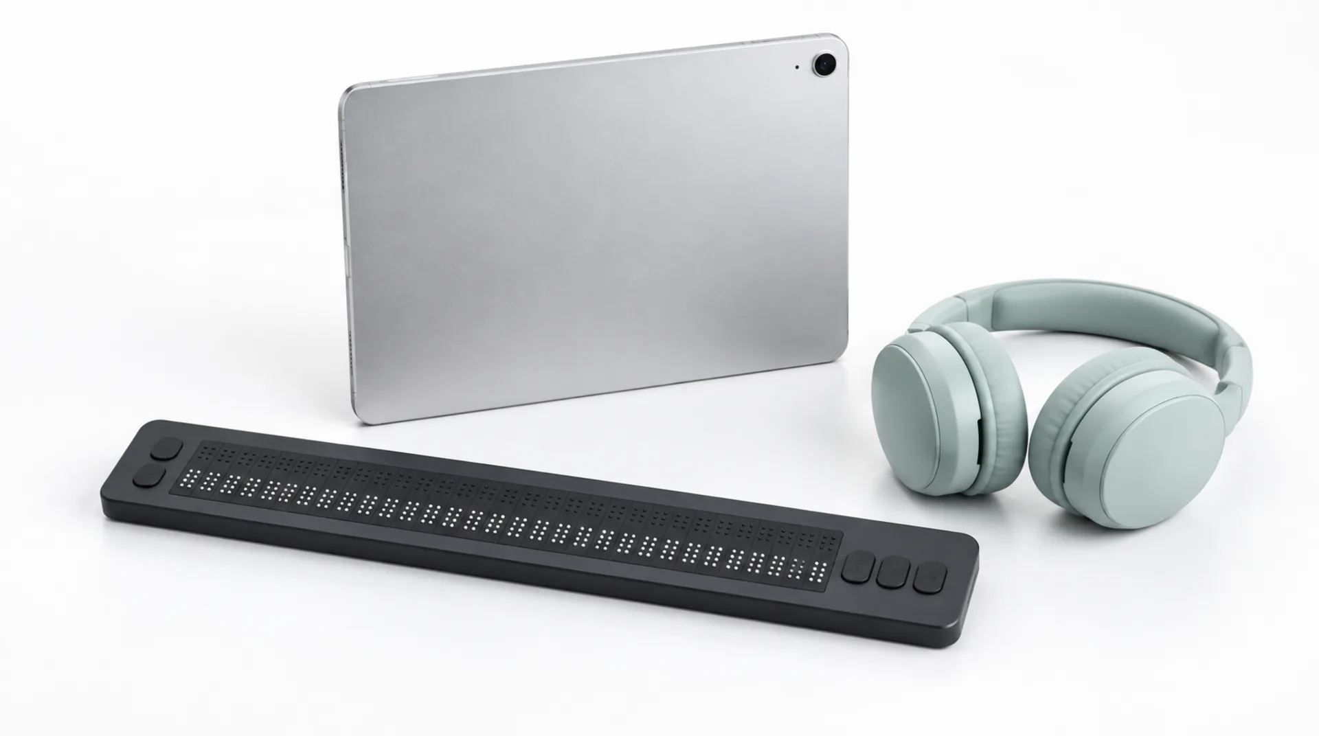 Dunkle Braillezeile mit mintfarbenen Kopfhörern und einem silbernen Tablet vor weißem Hintergrund