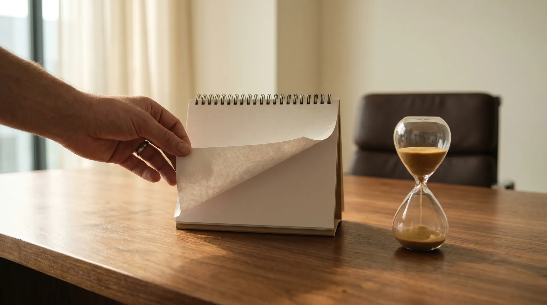 Hand blättert letzte Kalenderseite um neben einer Sanduhr auf einem Schreibtisch