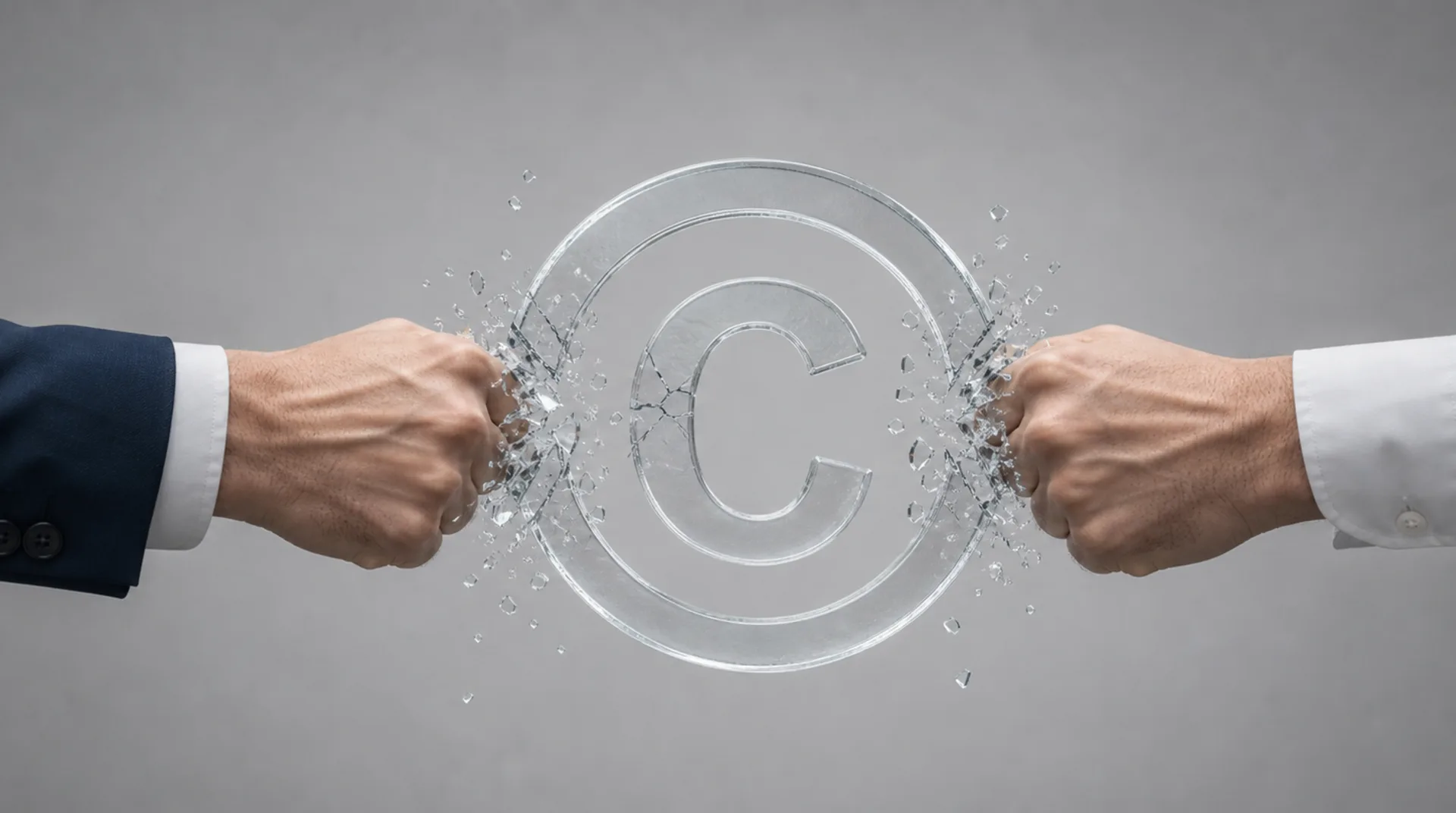 Zwei Fäuste prallen von beiden Seiten gegen ein schwebendes gläsernes Copyright-Zeichen, das an den Kontaktstellen bricht
