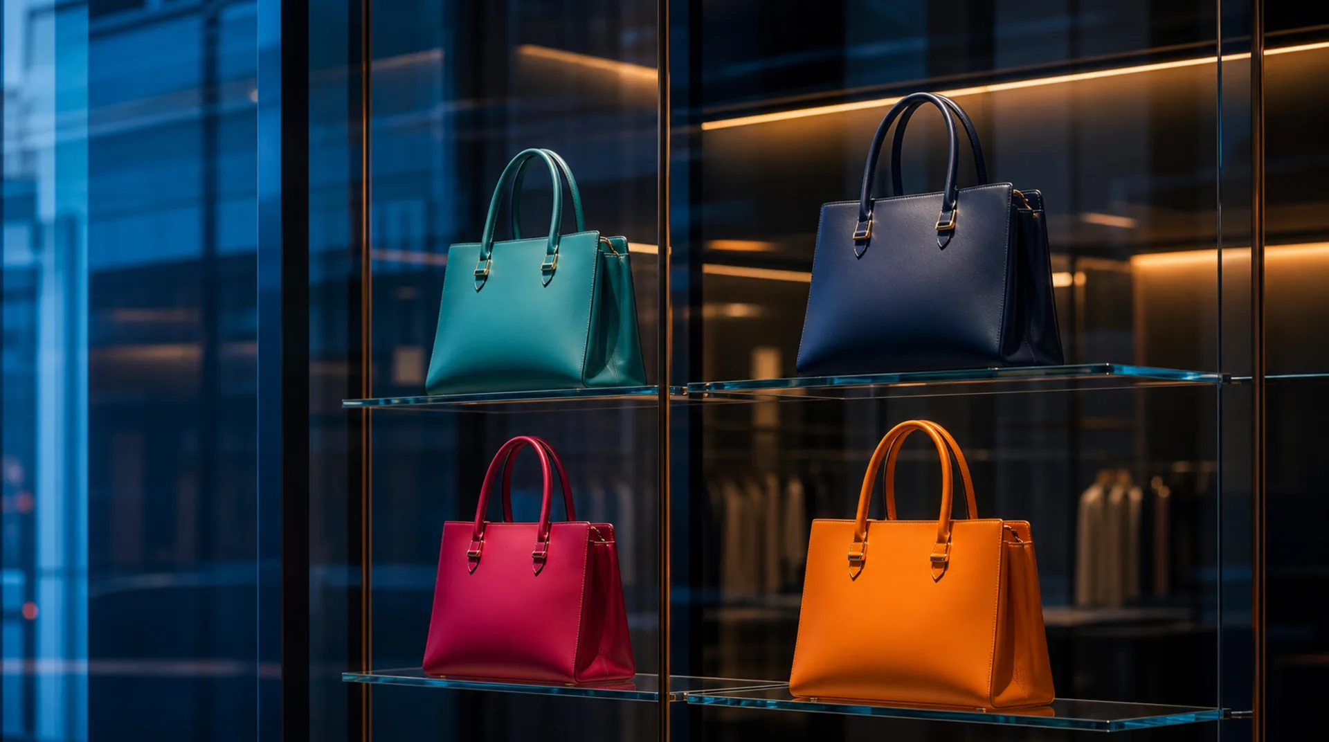 Luxushandtaschen in einer beleuchteten Glasvitrine