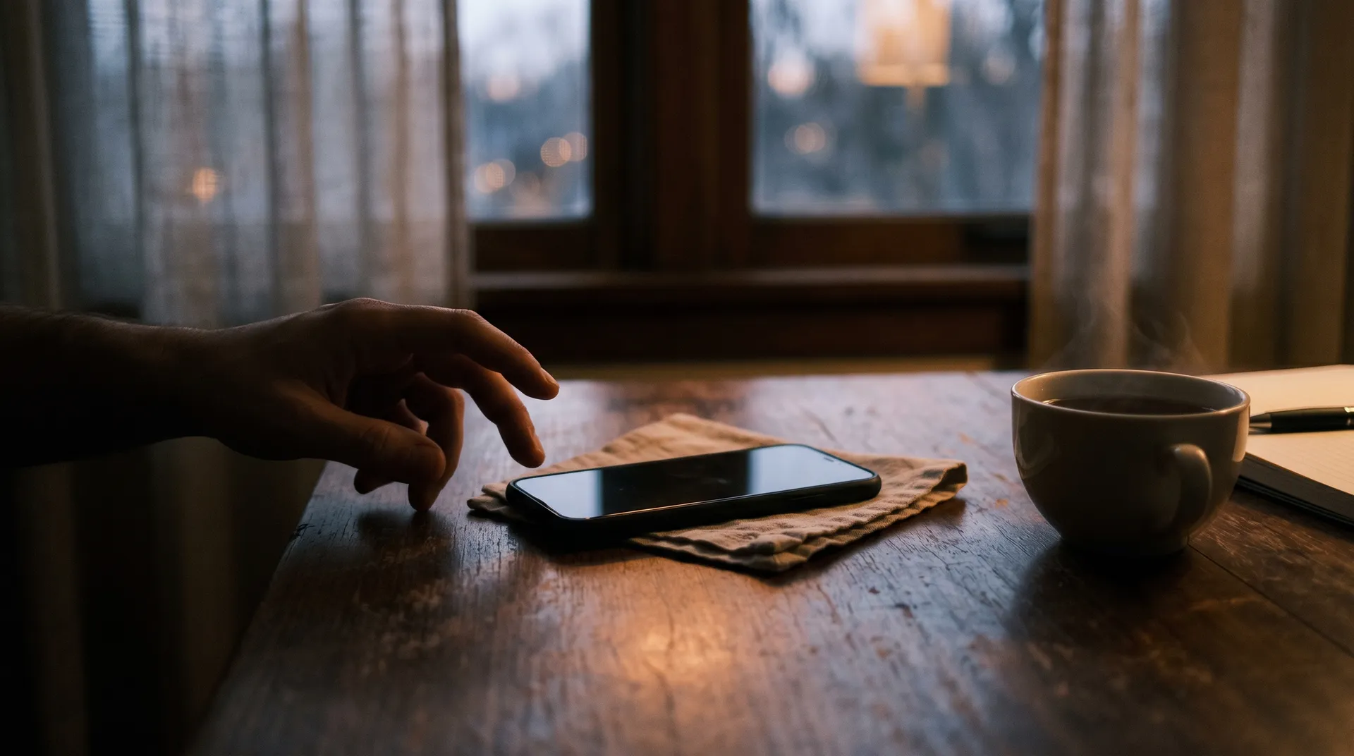 Hand zögert über einem stumm leuchtenden Smartphone auf einem Holztisch in einer abendlichen Wohnung