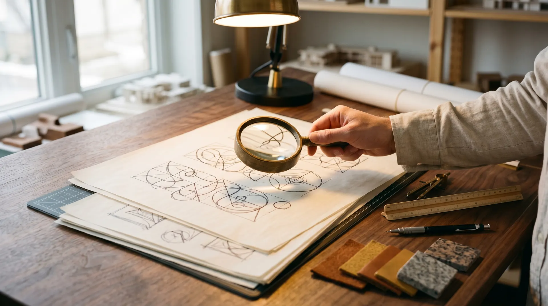 Hand hält Lupe über Designskizzen auf einem Architektentisch mit Materialmustern und Messinglampe
