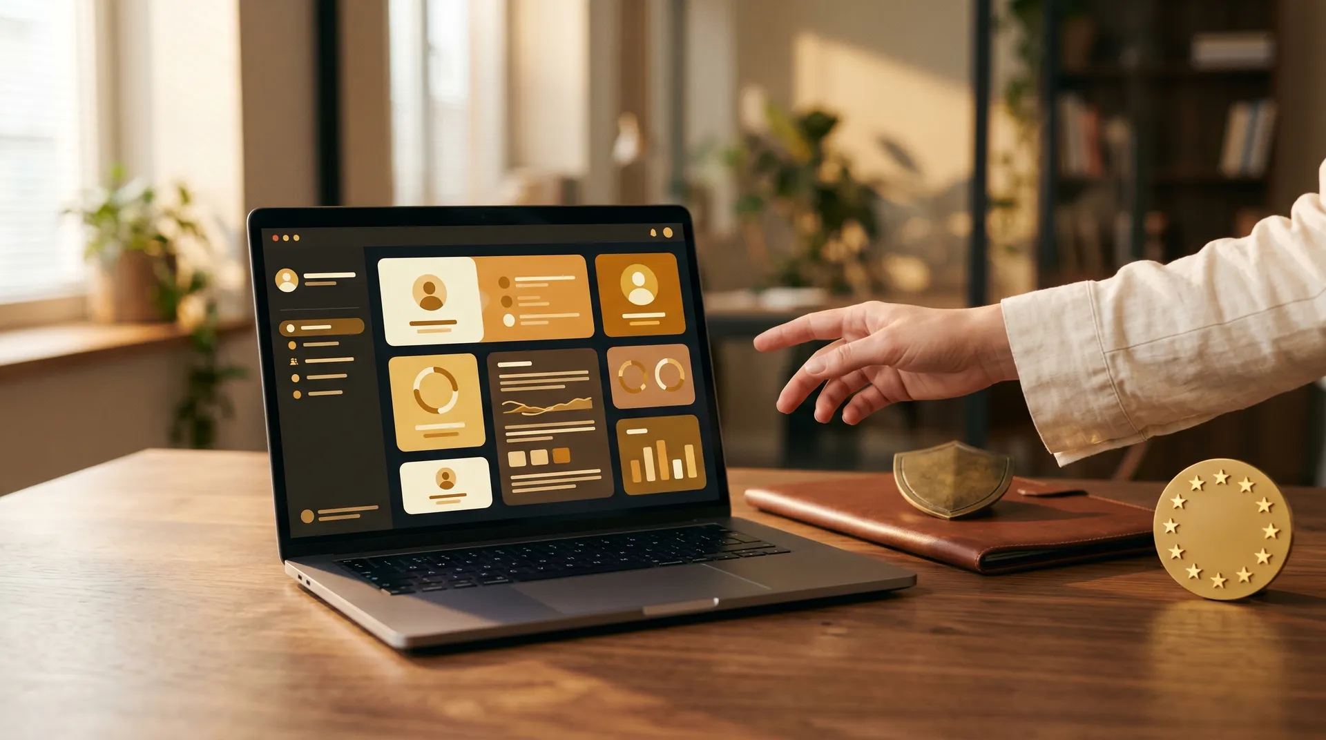 Hand gestikuliert zu einem Laptop mit Moderations-Dashboard neben Lederportfolio und EU-Emblem auf einem Holzschreibtisch