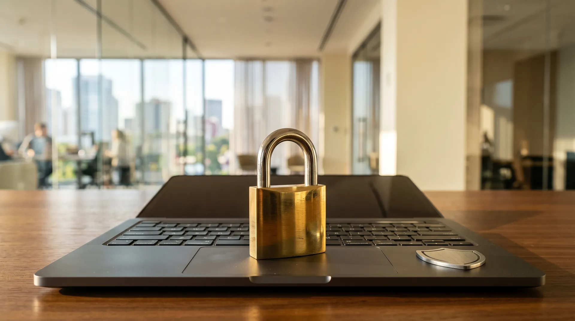 Messingvorhängeschloss auf einem Laptop in einem modernen Büro mit Glaswänden
