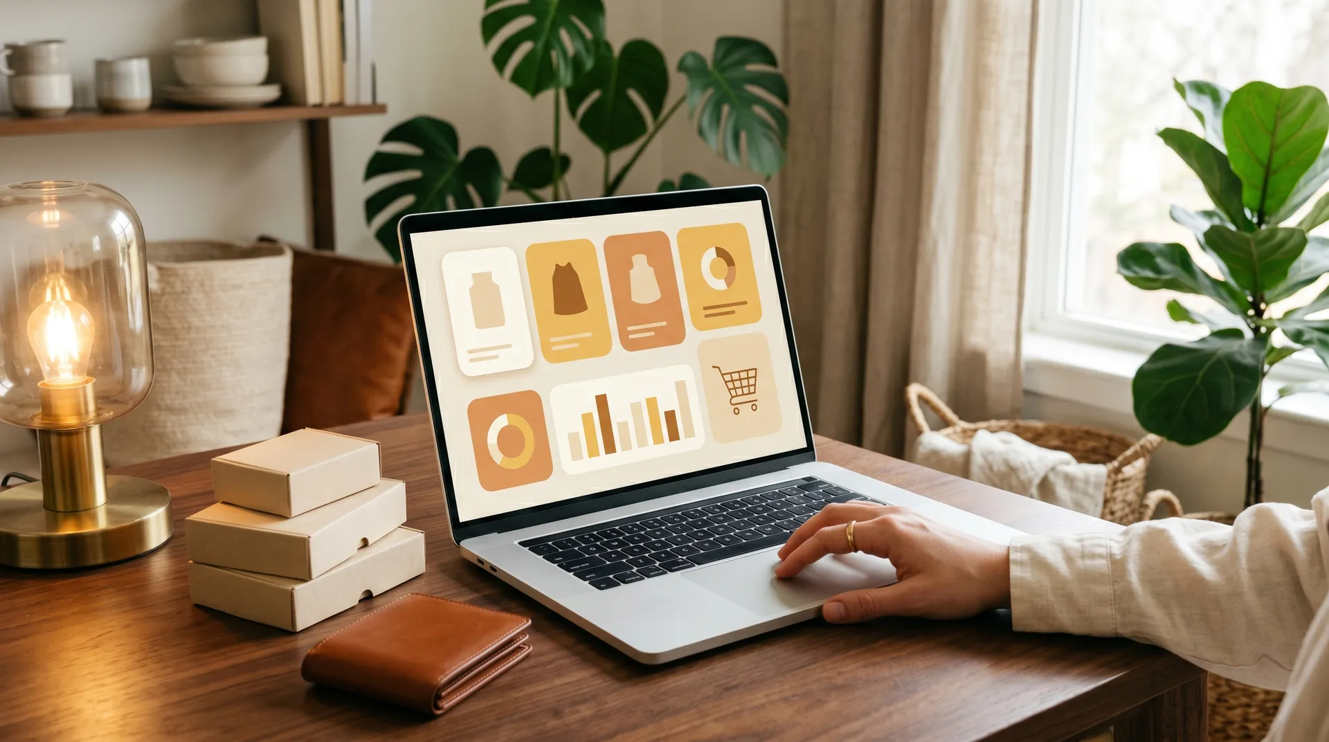 Hand am Laptop mit Shop-Interface neben Kraftpapier-Paketen, Lederportemonnaie und Messinglampe am Holzschreibtisch