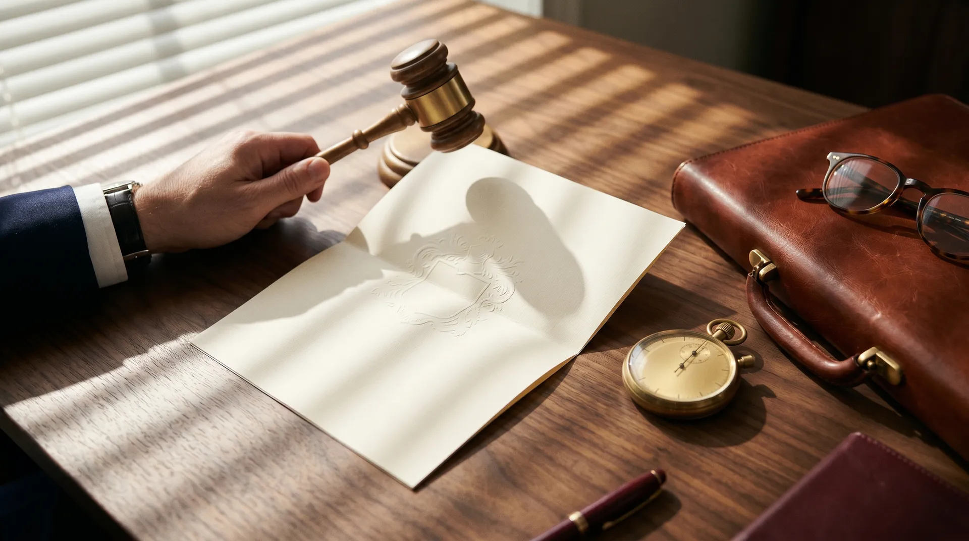 Hand mit Richterhammer über geprägtem Dokument neben Taschenuhr und Lederaktentasche auf einem Walnussschreibtisch