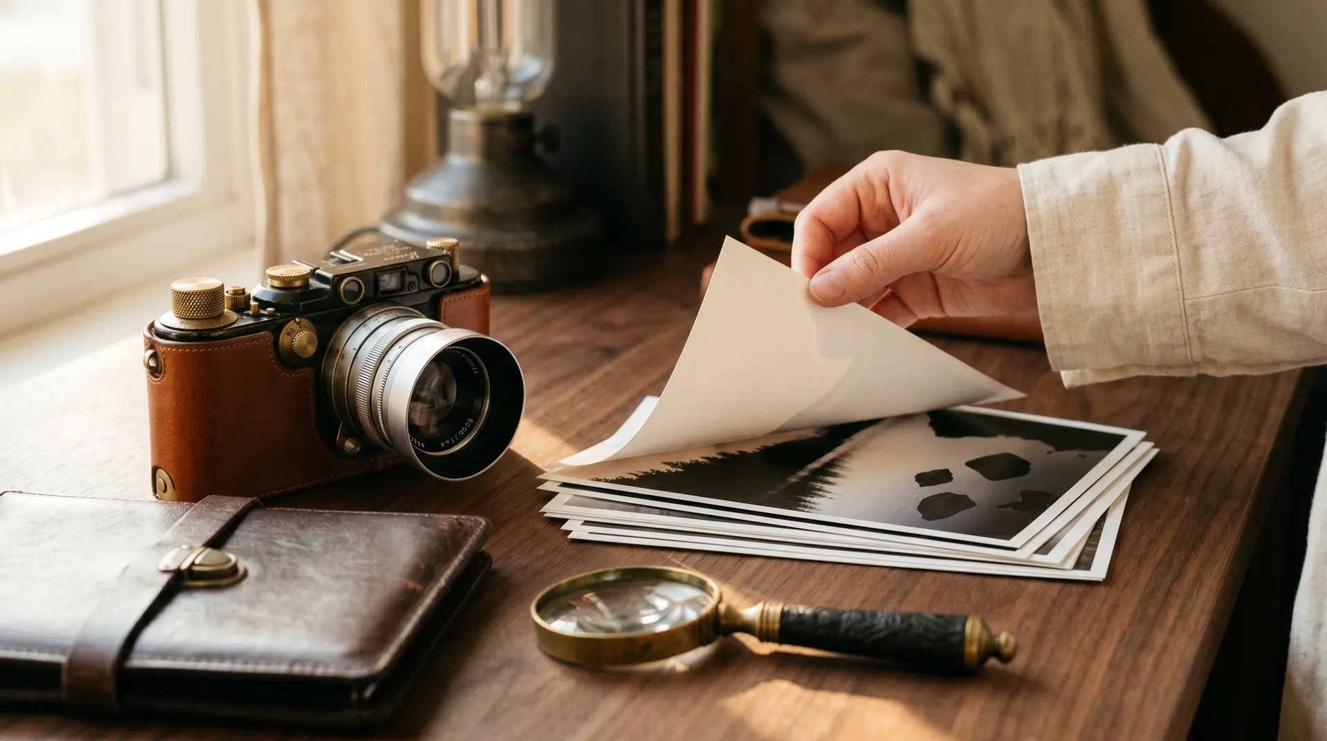 Hand blättert durch einen Stapel gedruckter Fotografien neben einer vintage Lederkamera auf einem Holzschreibtisch