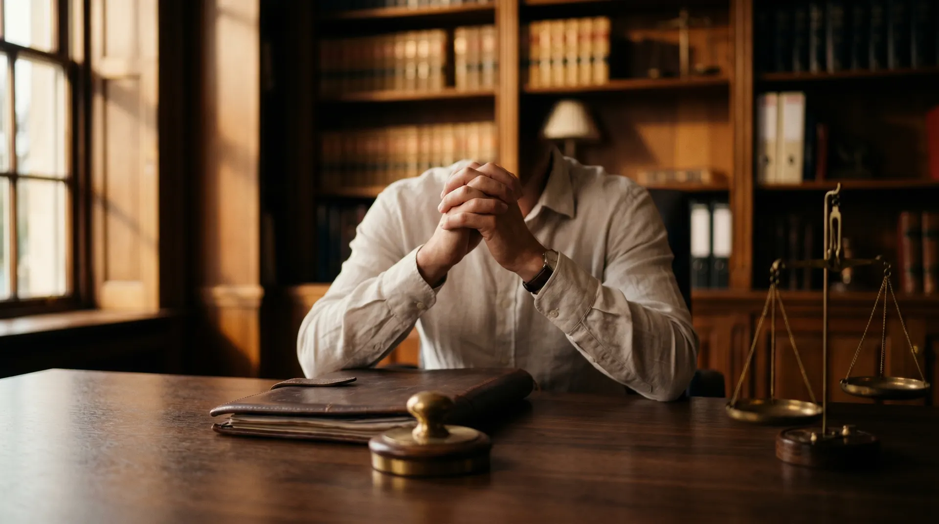 Person mit gefalteten Händen am Schreibtisch vor einer Bibliothek mit Aktenordnern neben Messingwaage