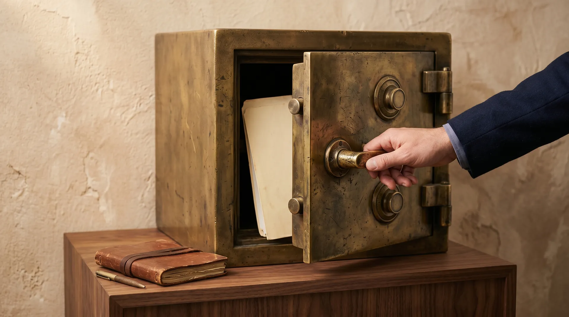 Hand öffnet einen angelehnten Messingtresor mit Dokumenten auf einem Walnusspodest vor einer warmen Putzwand