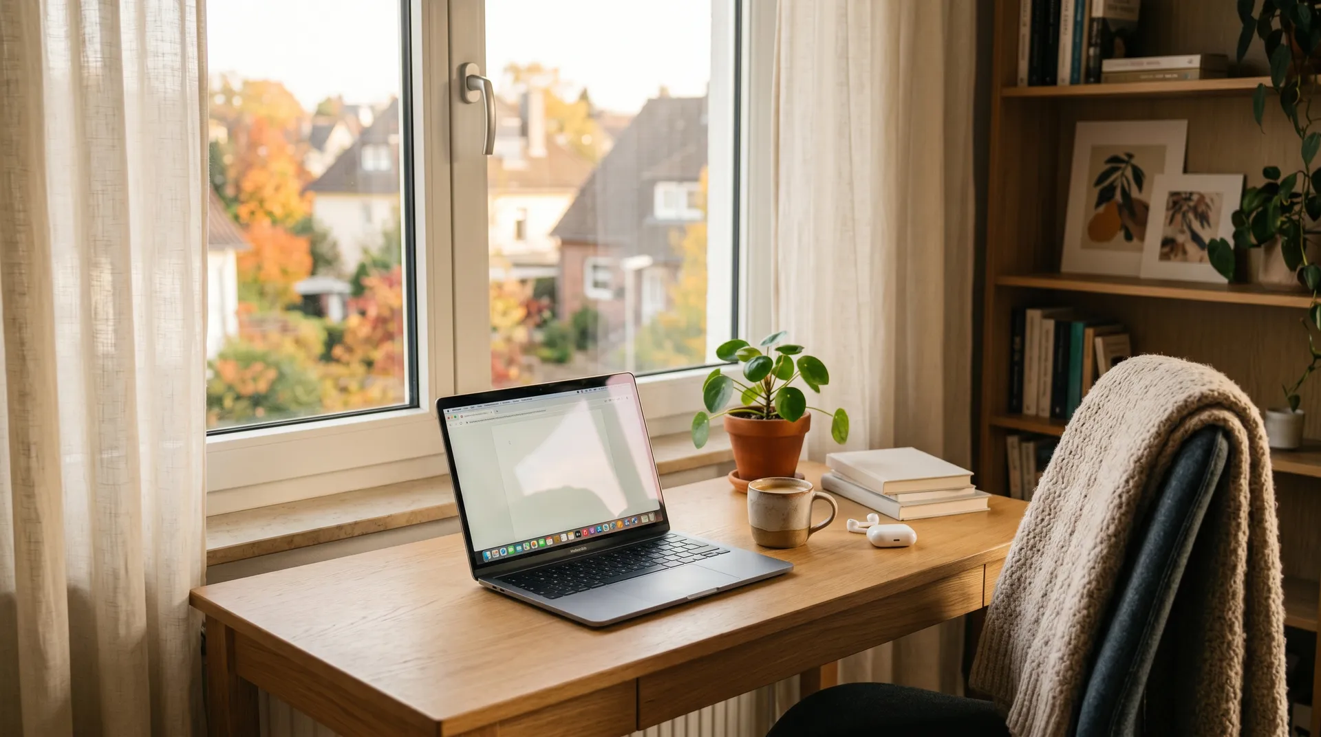 Gemütlicher Homeoffice-Arbeitsplatz mit Laptop am Fenster und herbstlicher Nachbarschaft