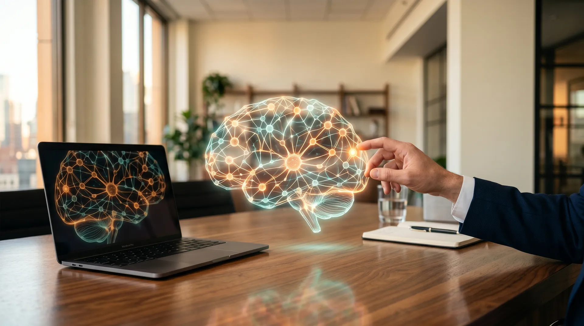 Hand berührt ein leuchtendes neuronales Netzwerk-Hologramm über einem Laptop im Büro