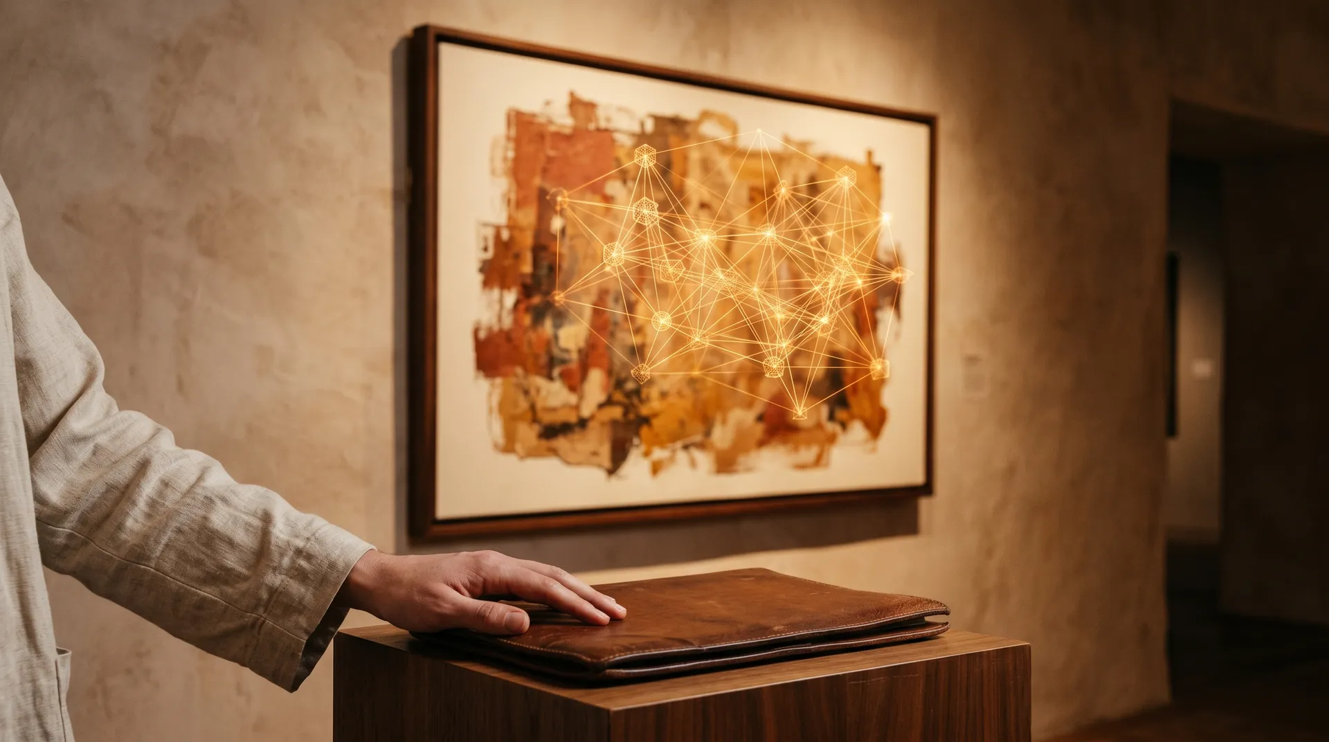 Hand auf Lederportfolio vor einem abstrakten Gemälde mit goldenem Netzwerk-Hologramm in einer warmen Galerie