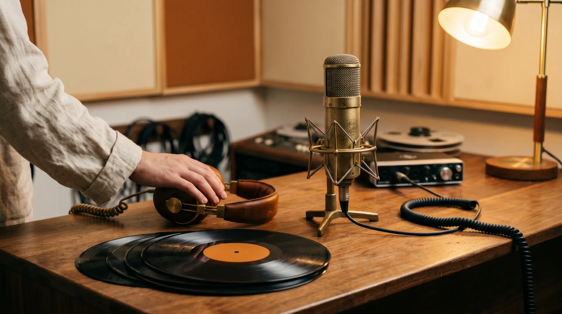 Hand auf Lederkopfhörer neben Messingmikrofon und Schallplatten in einem warmen Tonstudio