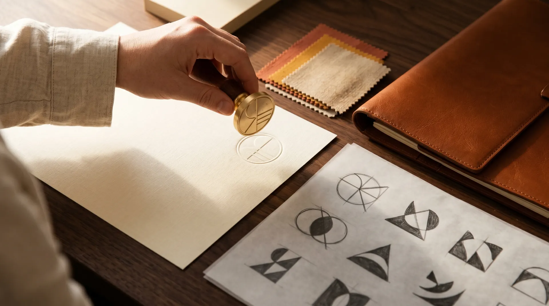 Hand mit Messing-Siegelstempel über einem Papier neben Logo-Skizzen, Stoffmustern und Lederportfolio auf einem Holzschreibtisch