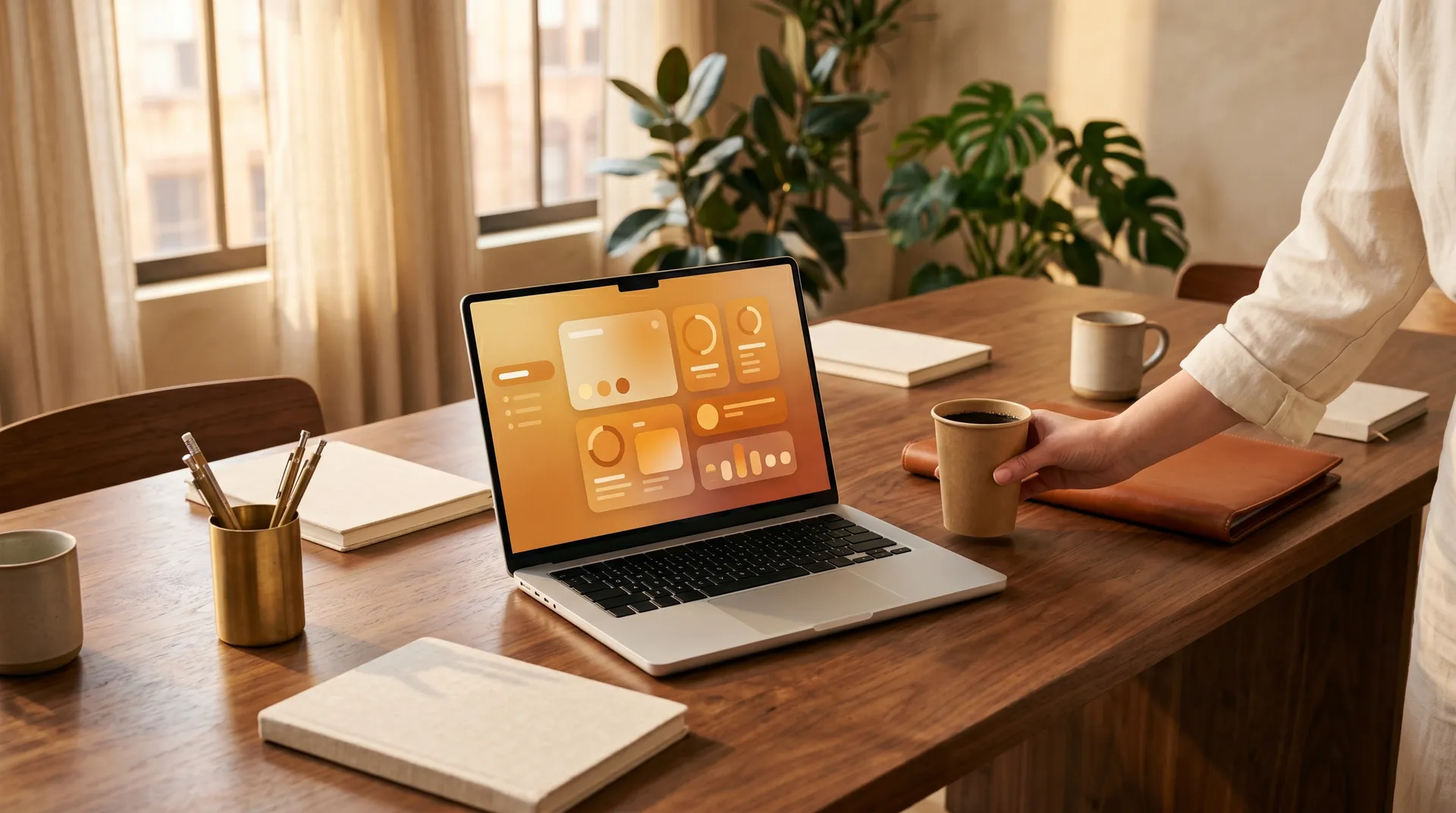 Hand stellt eine Kaffeetasse neben einen Laptop mit Schulungs-Dashboard auf einem Walnusstisch mit Notizbüchern und Messingbecher