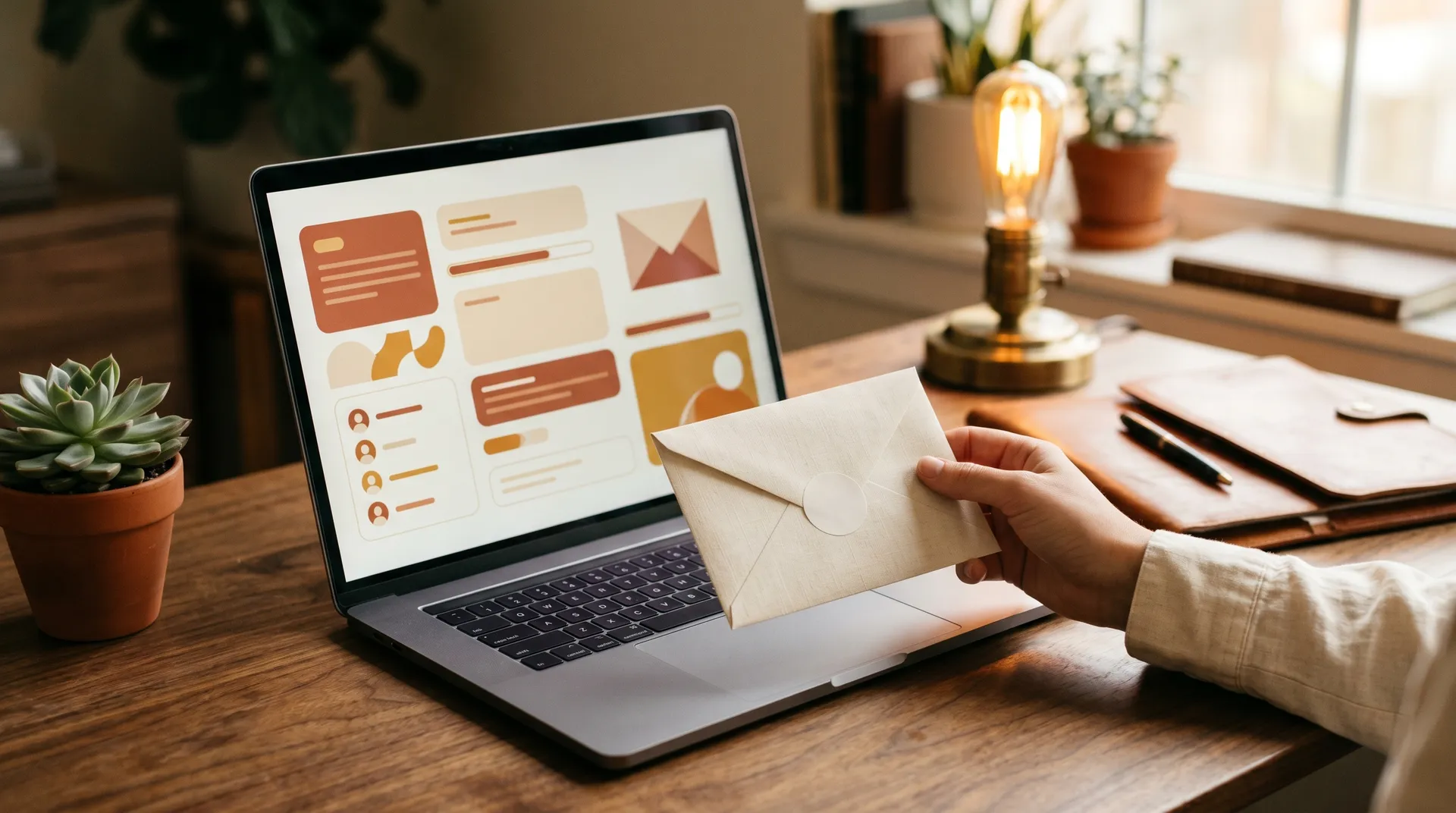Hand hält einen Papierumschlag vor einen Laptop mit E-Mail-Interface neben Messinglampe und Sukkulente auf einem Holzschreibtisch