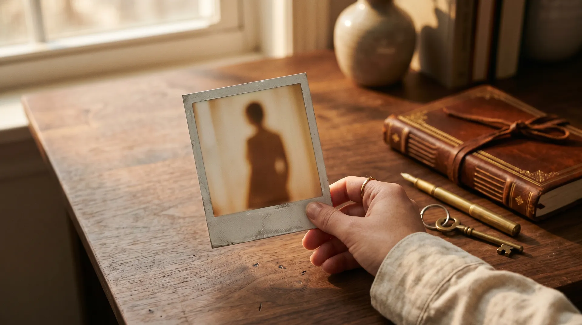 Hand hält ein Polaroid mit unscharfer Silhouette vor einem Holzschreibtisch mit Lederbuch und Messingschlüssel