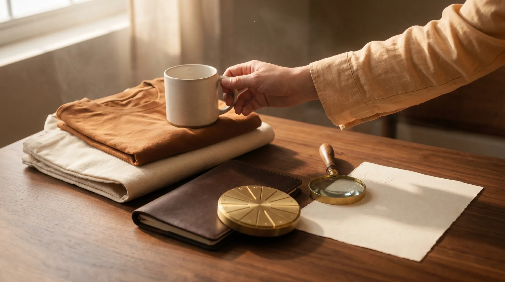 Hand greift nach einer Tasse auf einem Stapel unbedruckter Textilien neben Lederportfolio, Messingkalender und Lupe auf einem Walnussschreibtisch