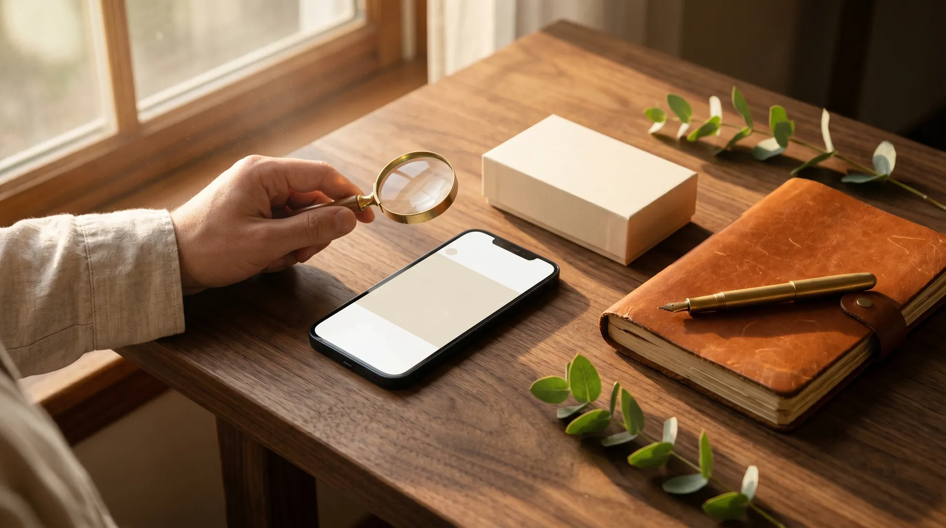 Hand hält eine Messinglupe über ein Smartphone mit leerem Layout neben einer Kraftpapier-Box und einem Lederbuch auf einem Walnusstisch