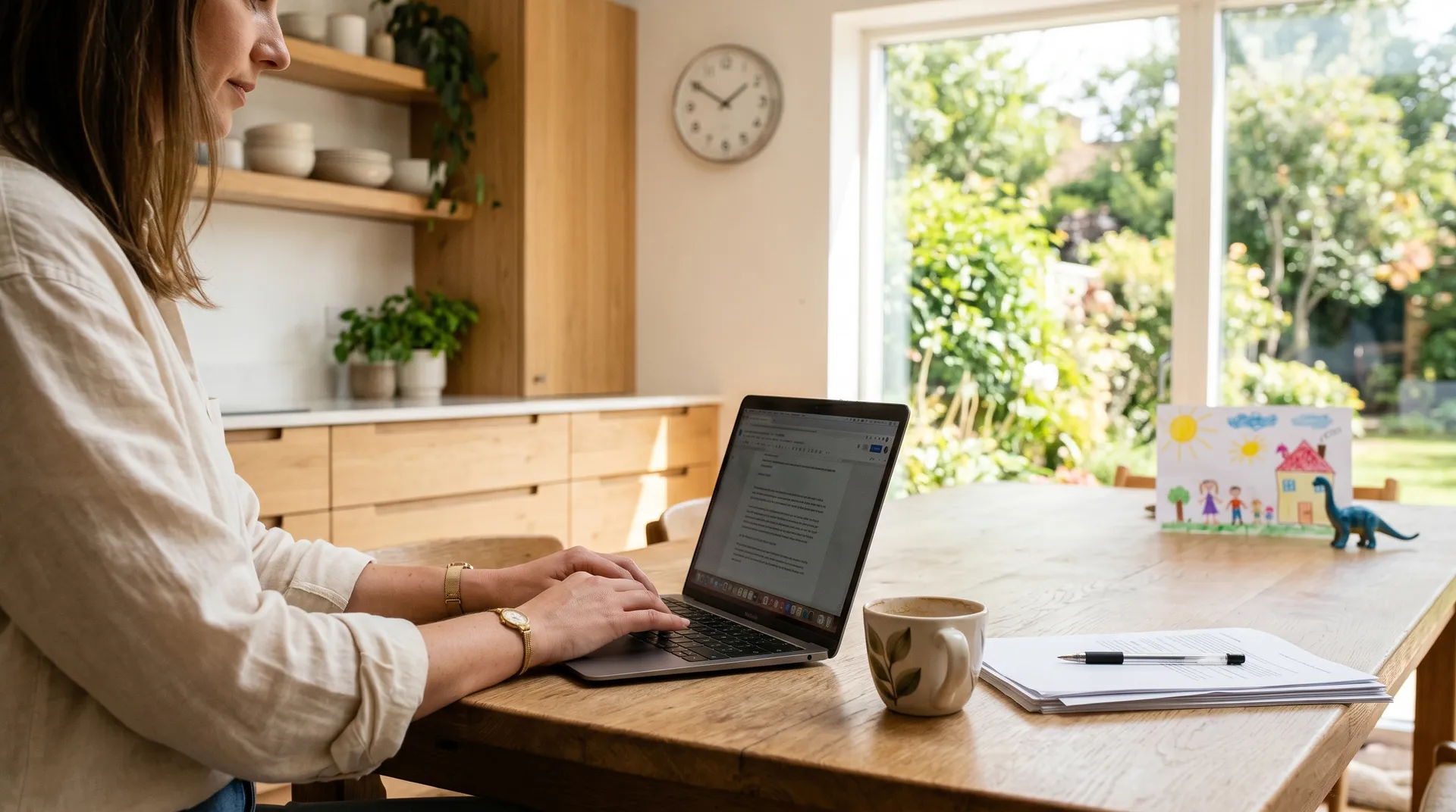 Person arbeitet am Laptop in einer hellen Küche mit Kinderzeichnung und Garten im Hintergrund