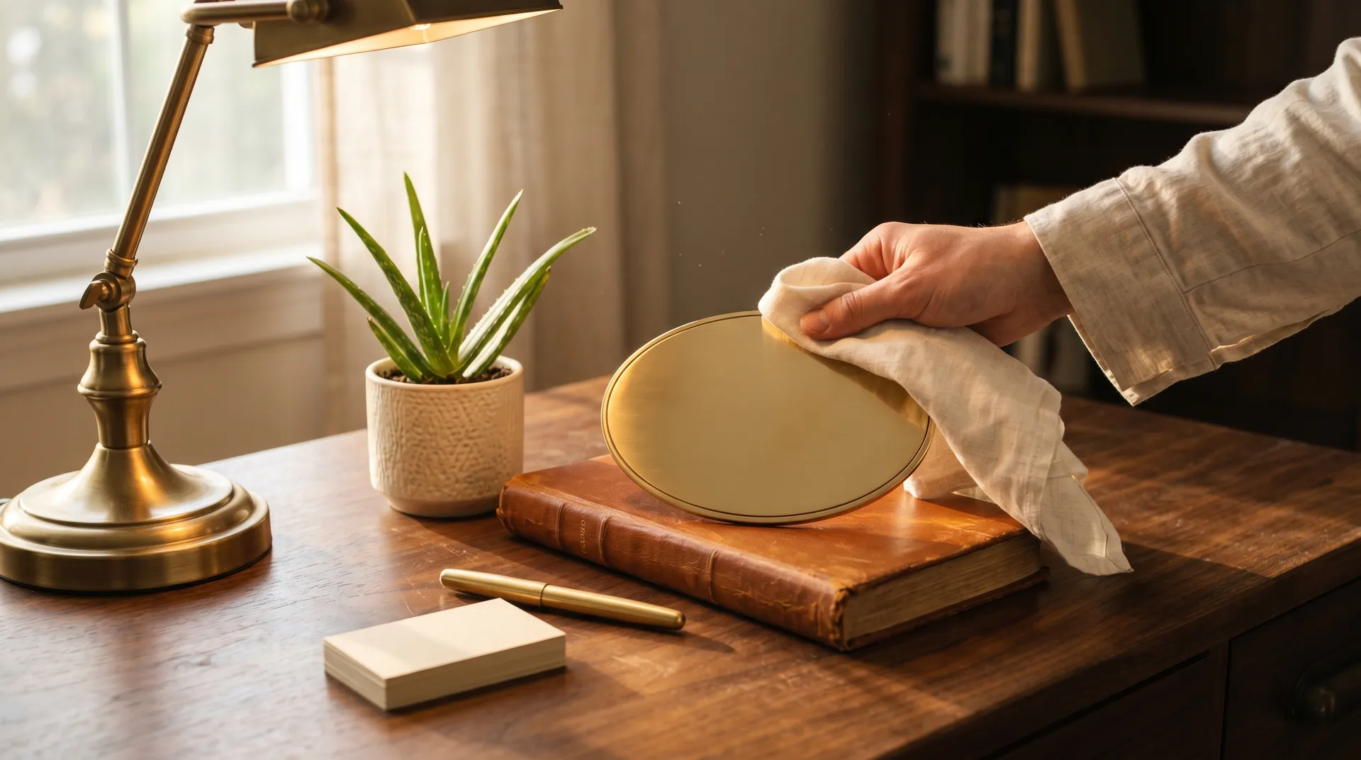 Hand poliert ein leeres Messing-Firmenschild auf einem Lederbuch neben Aloe-Pflanze und Messinglampe auf einem Walnussschreibtisch