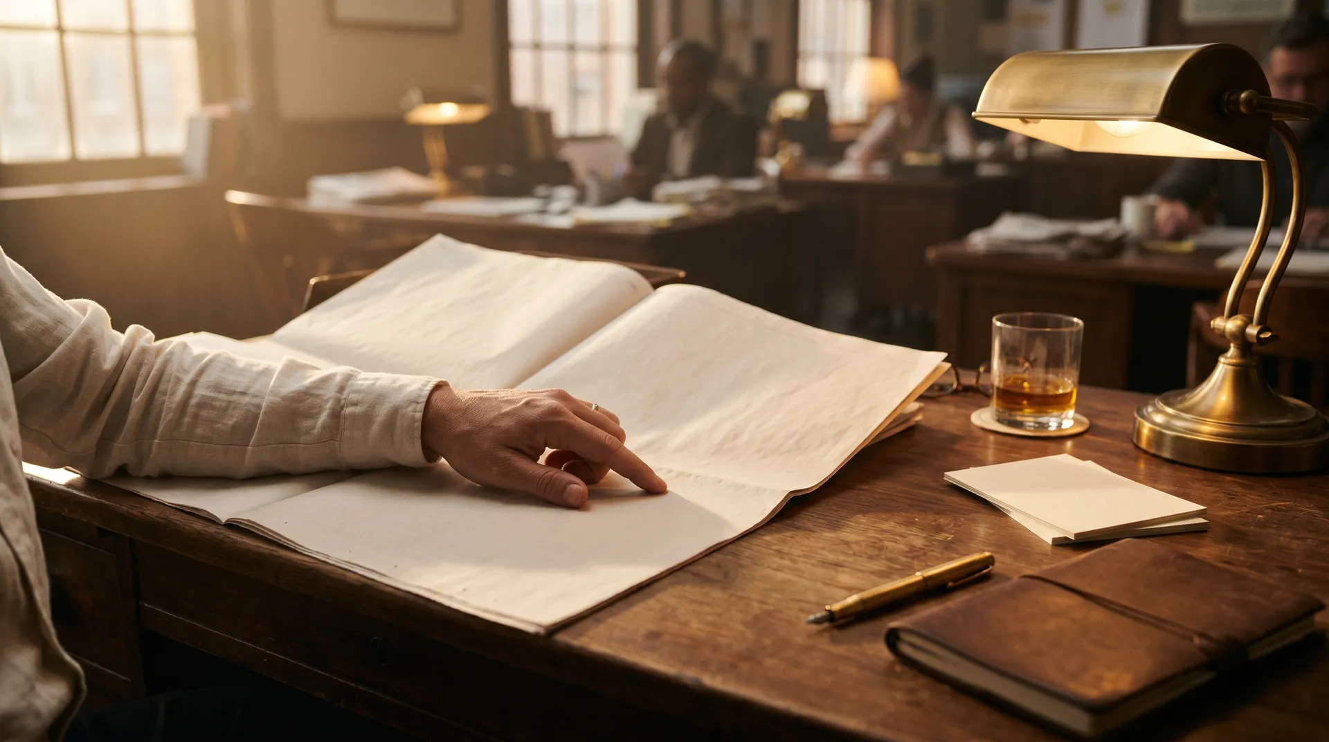 Hand tippt auf eine aufgeschlagene leere Zeitung auf einem Holzschreibtisch in einer Redaktion mit Messinglampe und warmem Licht
