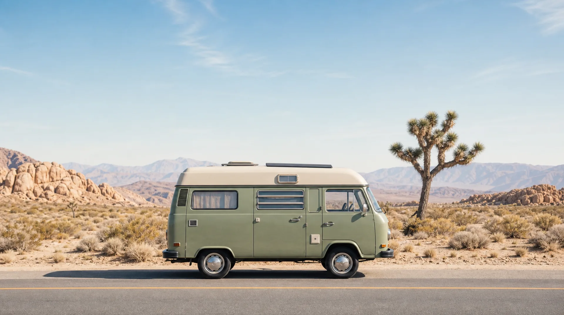 Unmarkierter Retro-Camper auf einer Straße in einer Wüstenlandschaft