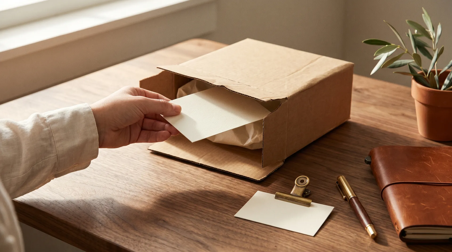 Hand schiebt eine leere Karte in eine offene Kraftpapier-Versandbox neben Lederbuch, Füllfederhalter und Olivenzweig